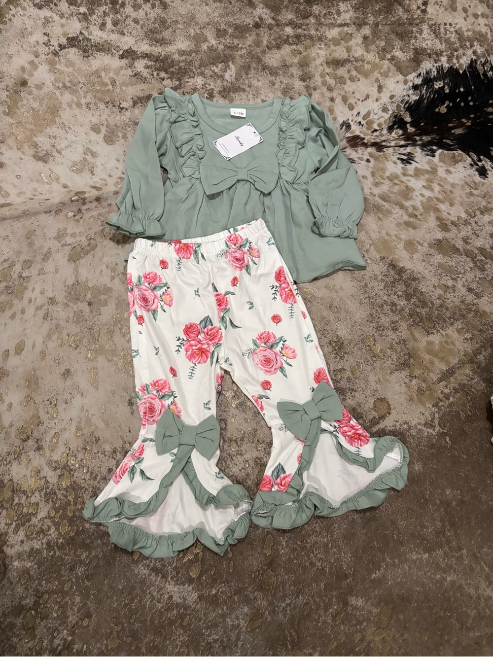 Unbranded Sage Green Ruffle Set - Floral Bell Pants